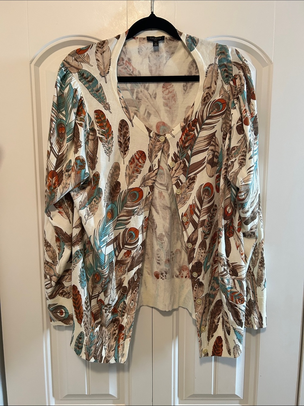 Talbots Feather-Print Open Blazer - Ivory with Teal & Brown Accents